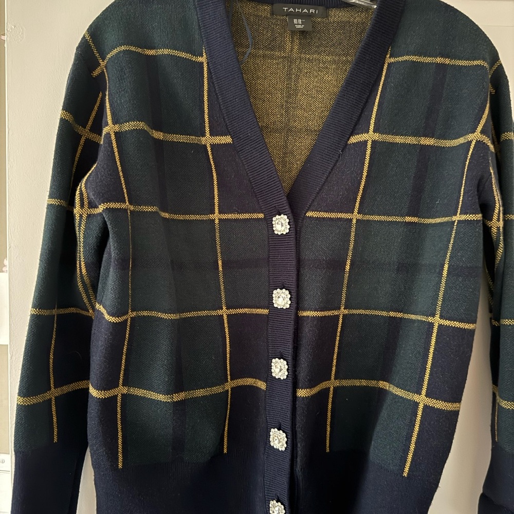Tahari Women's Checkered Cardigan - Navy and Gold
